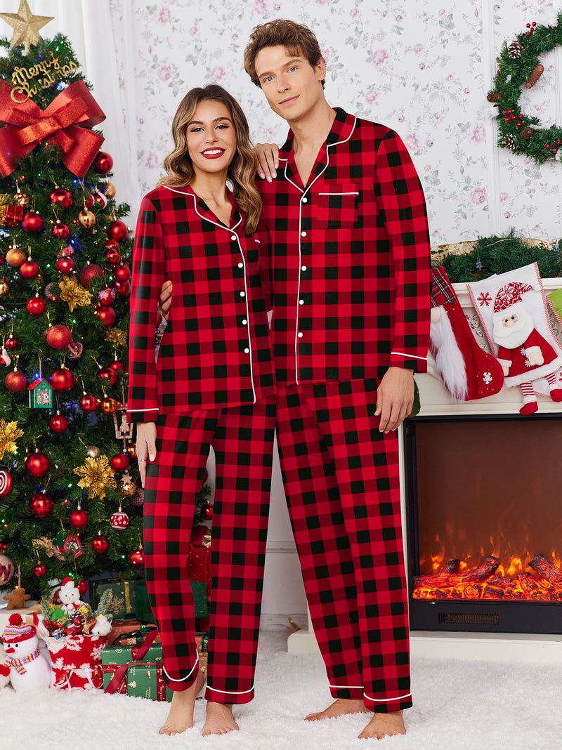 Couple Christmas pajama set in red-and-black plaid, button-up tops with matching trousers