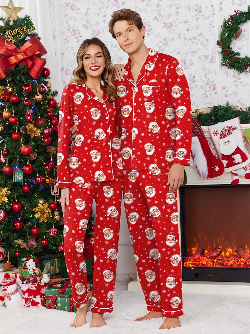Red Christmas couple pajama set with white Santa faces, button-up top and pants