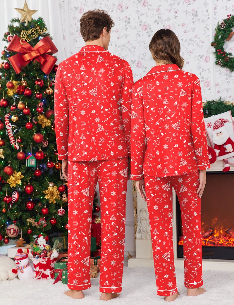 Christmas couple pajama set in red with white holiday pattern, long sleeves and pants