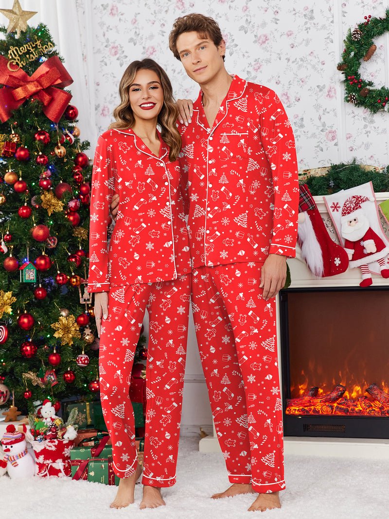 Red Christmas pajama set with festive icons, button-up tops and matching long pants