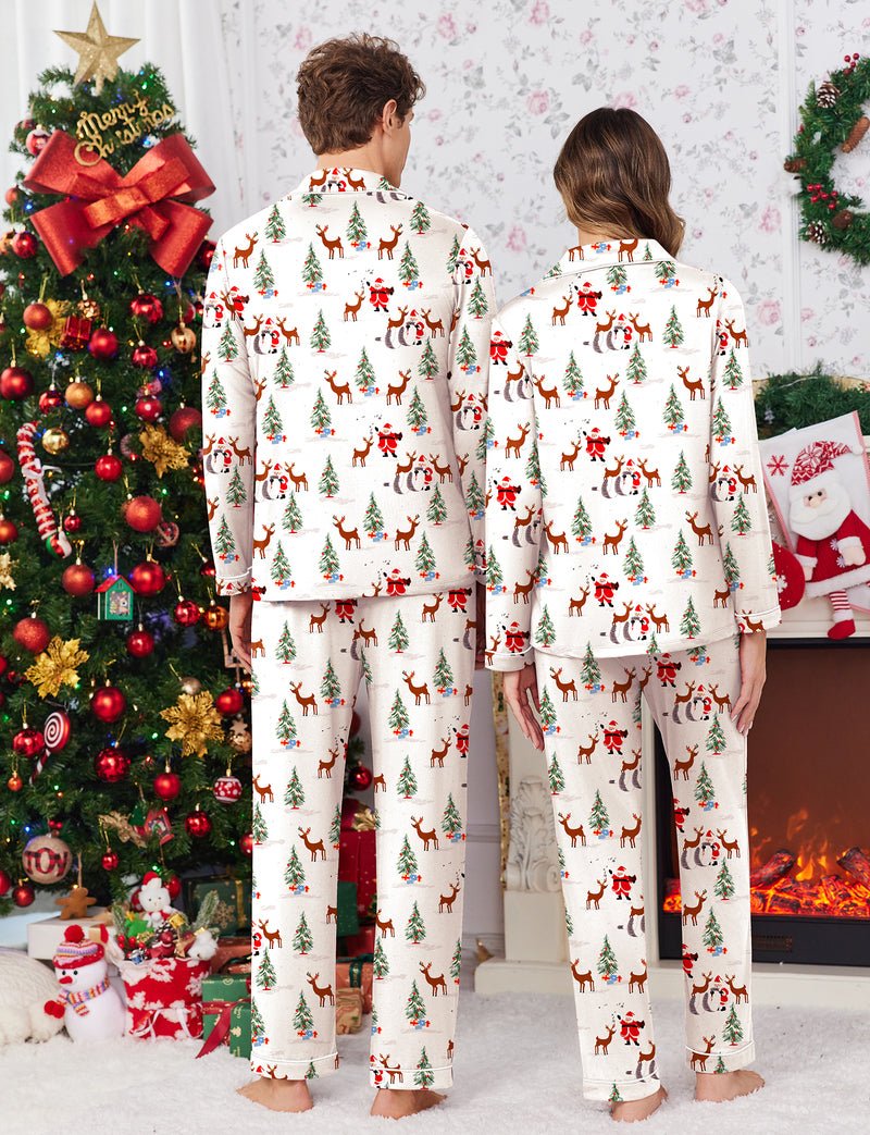 Back view of white Christmas couple pajama set with reindeer and tree print, long sleeves