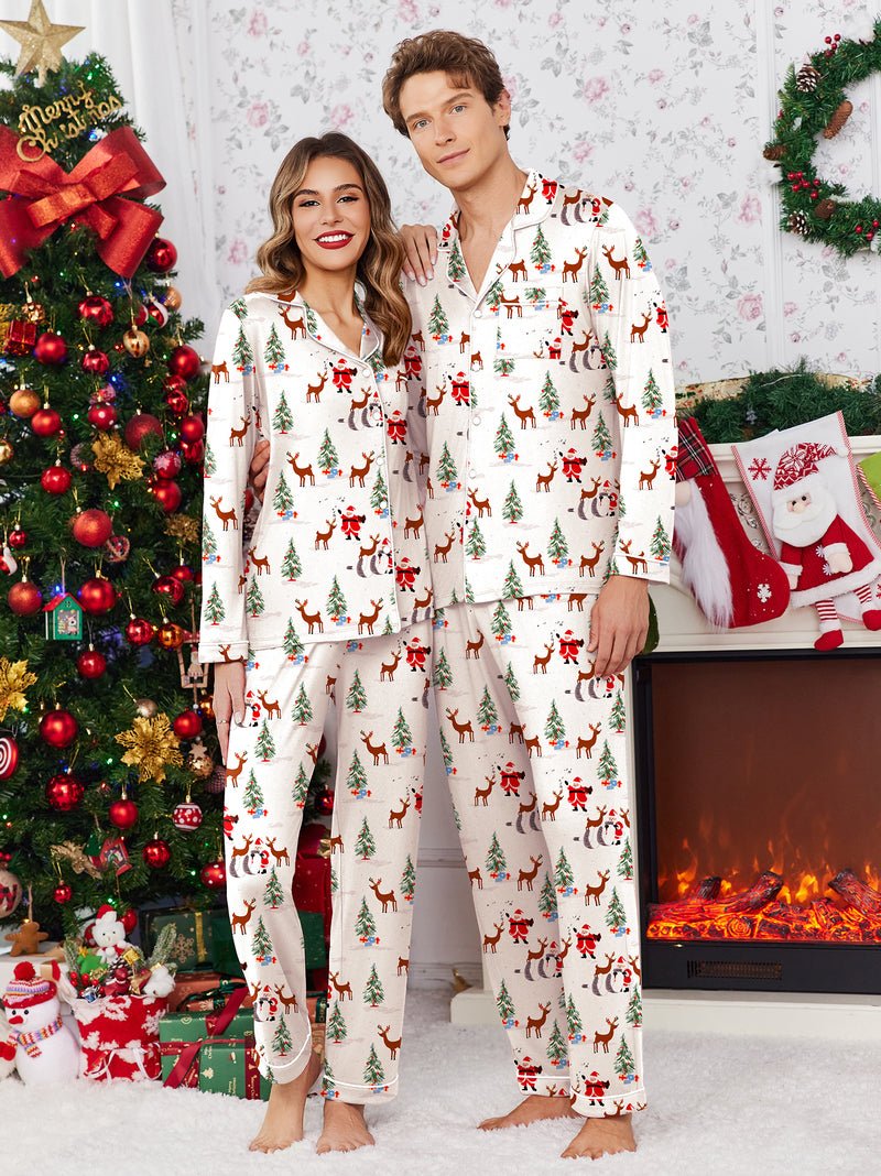 Couple Christmas pajama set in white with reindeer and trees, button-up tops and pants