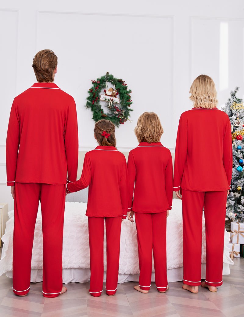 Back view red Christmas pajama set with white piping for family, matching long pants