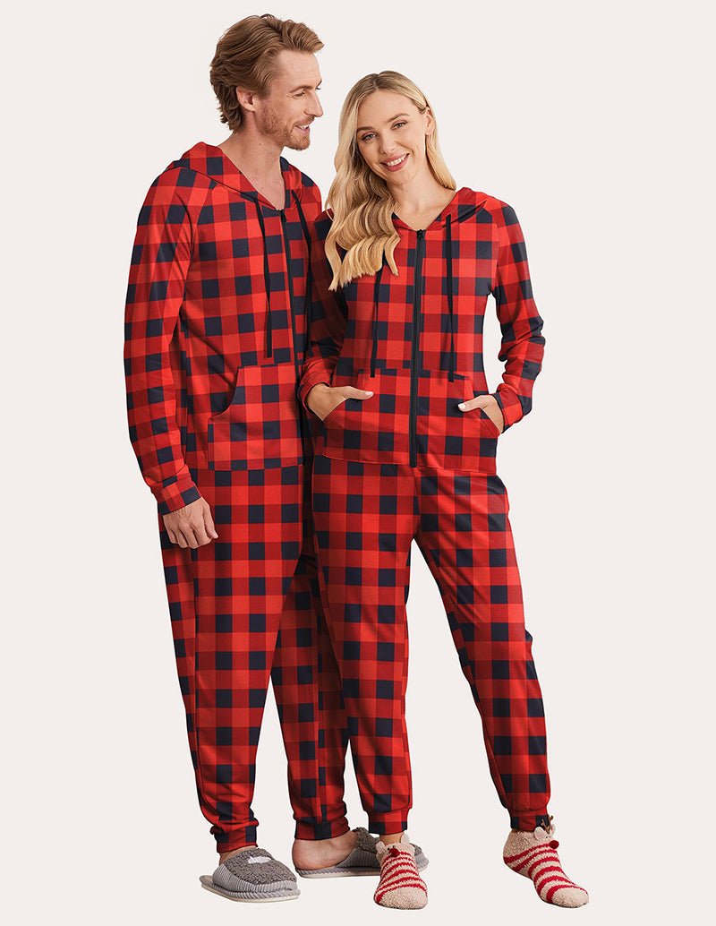 Red plaid hooded onesie pajamas for couples, long sleeves, front zipper