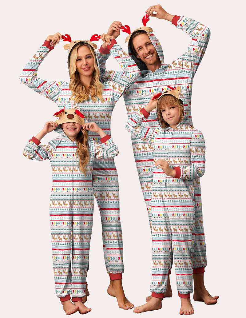 Kapuzenschlafanzug für Kids mit Rentier-Design, buntem Weihnachtsstreifenmuster, Einteiler