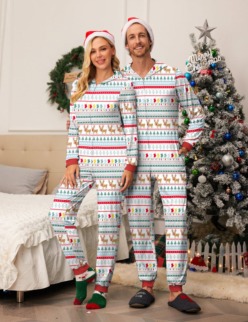 Roter Kapuzenschlafanzug mit Weihnachtsmuster, Einteiler für Erwachsene, mit weichen Bündchen