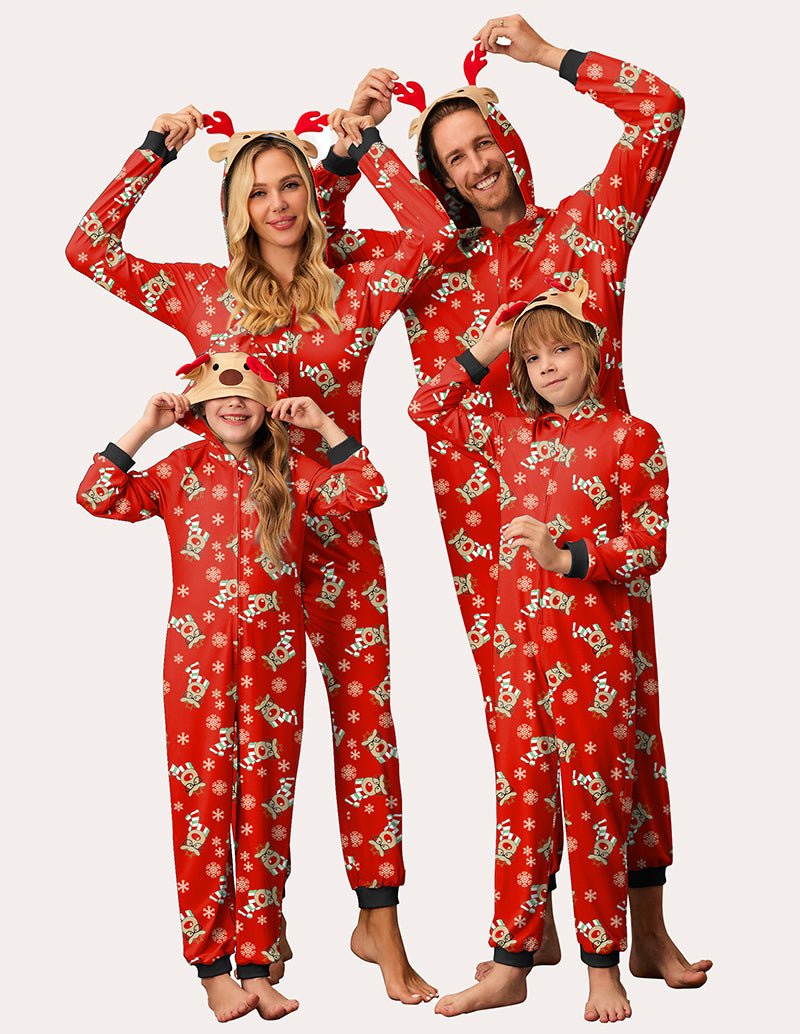 Roter Schlafanzug-Einteiler mit Kapuze und Rentier-Applikation, Weihnachts-Print, ganzer Body