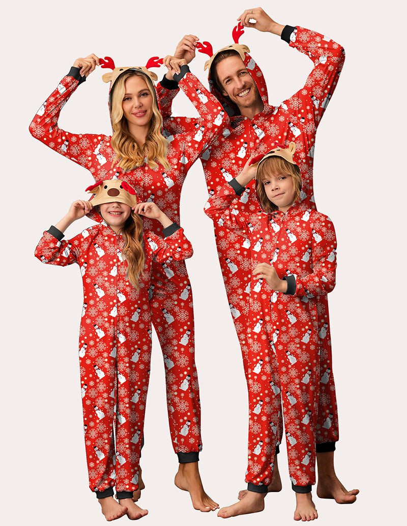 Roter Kapuzenschlafanzug mit Rentier-Design, Weihnachtsmuster, lange Ärmel und Beine