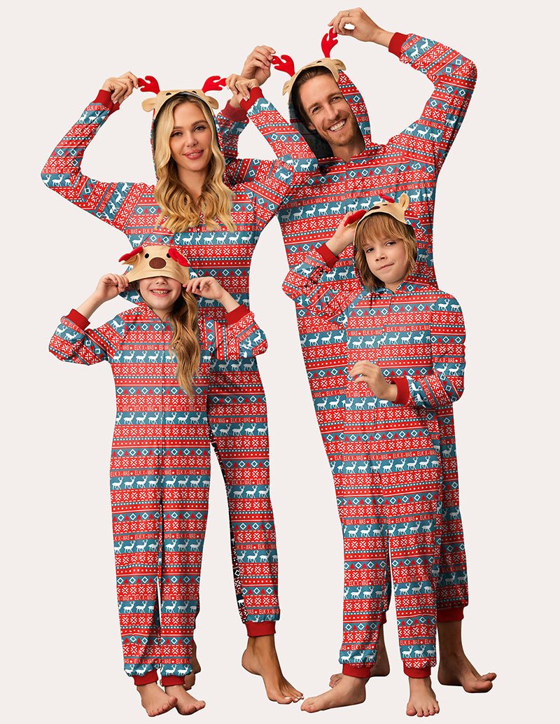 Schlafanzug-Einteiler mit Kapuze und Rentier-Design, türkis-rotes Weihnachtsstreifenmuster