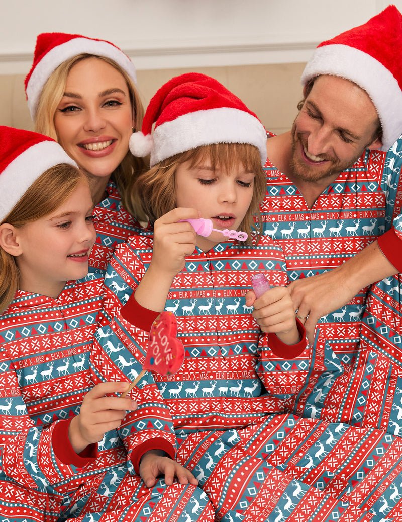 Teal blue hooded Christmas onesie with red and white festive pattern, long sleeves