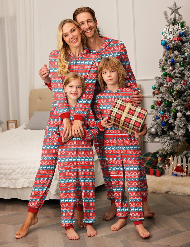 Einteiliger Kapuzenschlafanzug mit Rentier-Print, türkis-rotes Weihnachtsmuster, für Familie