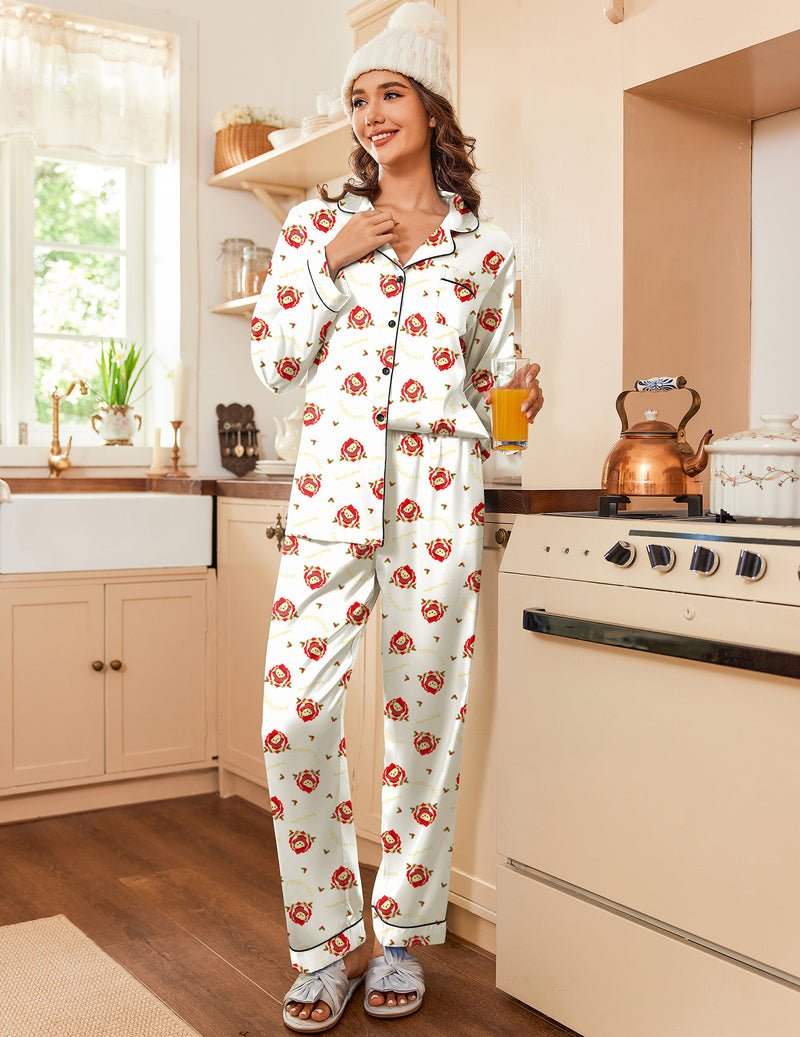 Ekouaer satin pajama set in white with red print, button-up top and long pants