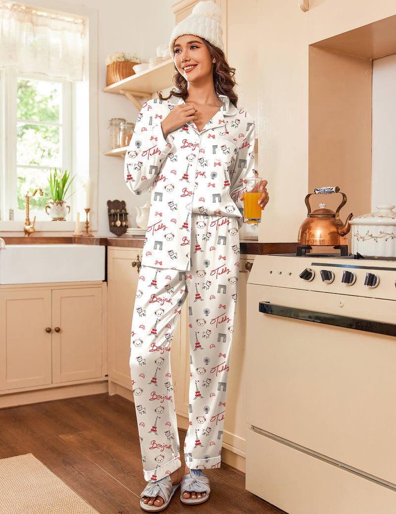 Women's satin pajama set, white with red graphic pattern, button-front top and pants