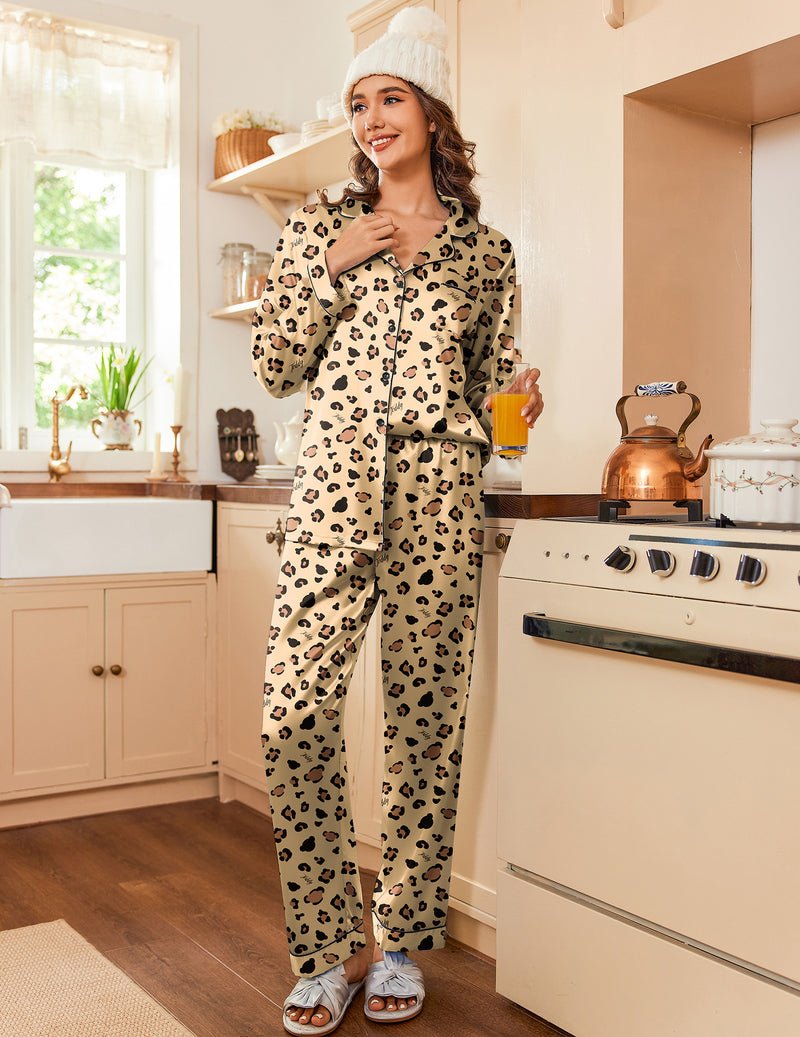 Cream satin pajama set with button-front shirt and allover animal print pants