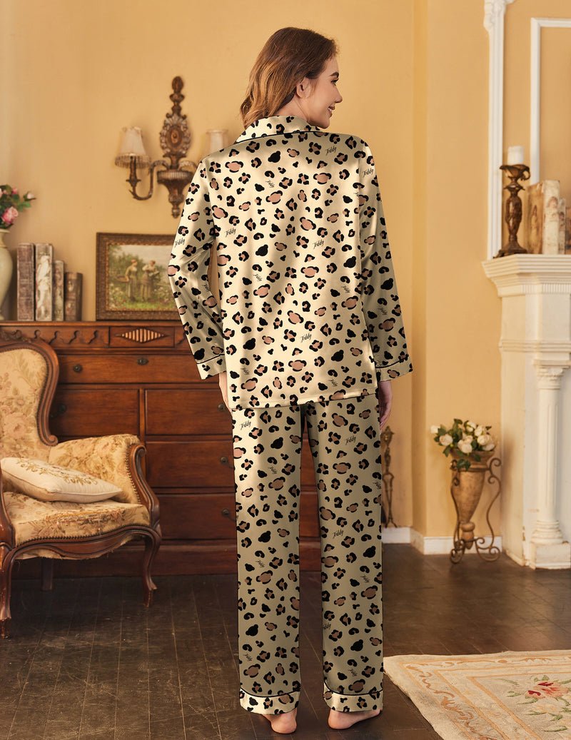 Cream satin pajama set with button-front shirt and allover animal print pants