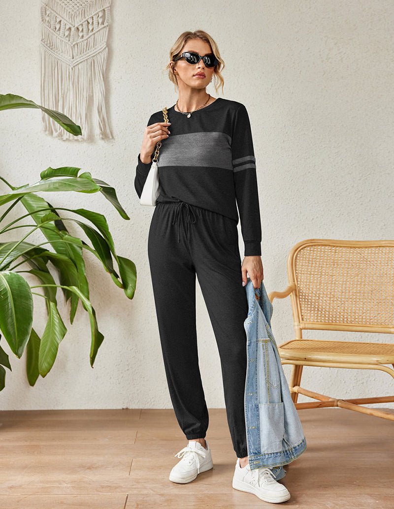 Black colorblock sweatsuit pajama set, long sleeves with drawstring jogger pants