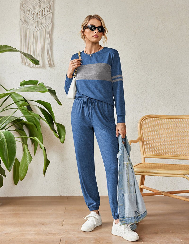 Blue colorblock sweatsuit pajama set with long sleeves and drawstring jogger pants