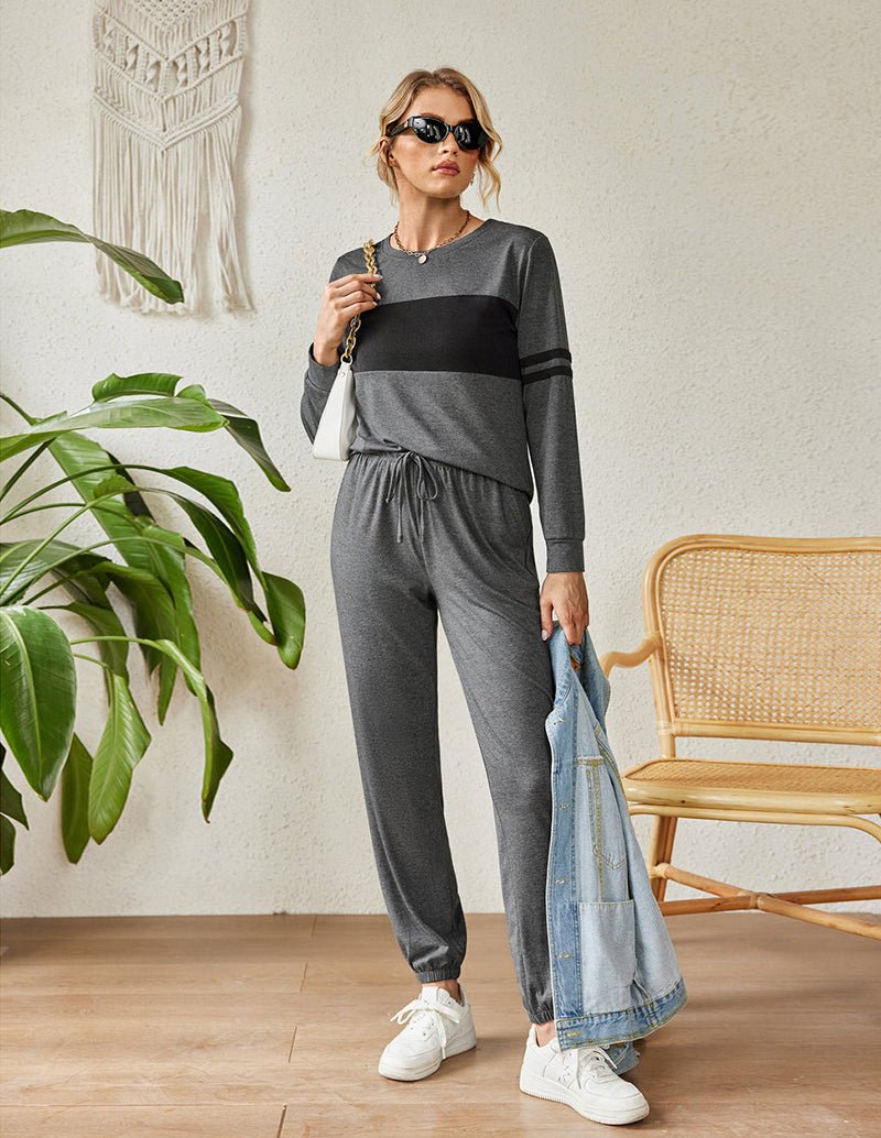 Dark grey colorblock sweatsuit pajama set, long sleeves and drawstring jogger pants