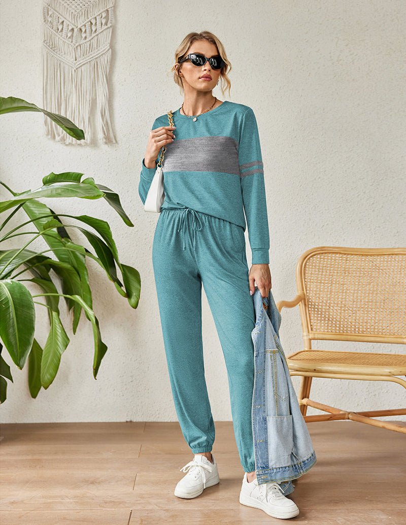 Dark cyan colorblock sweatsuit pajama set with long sleeves and drawstring joggers