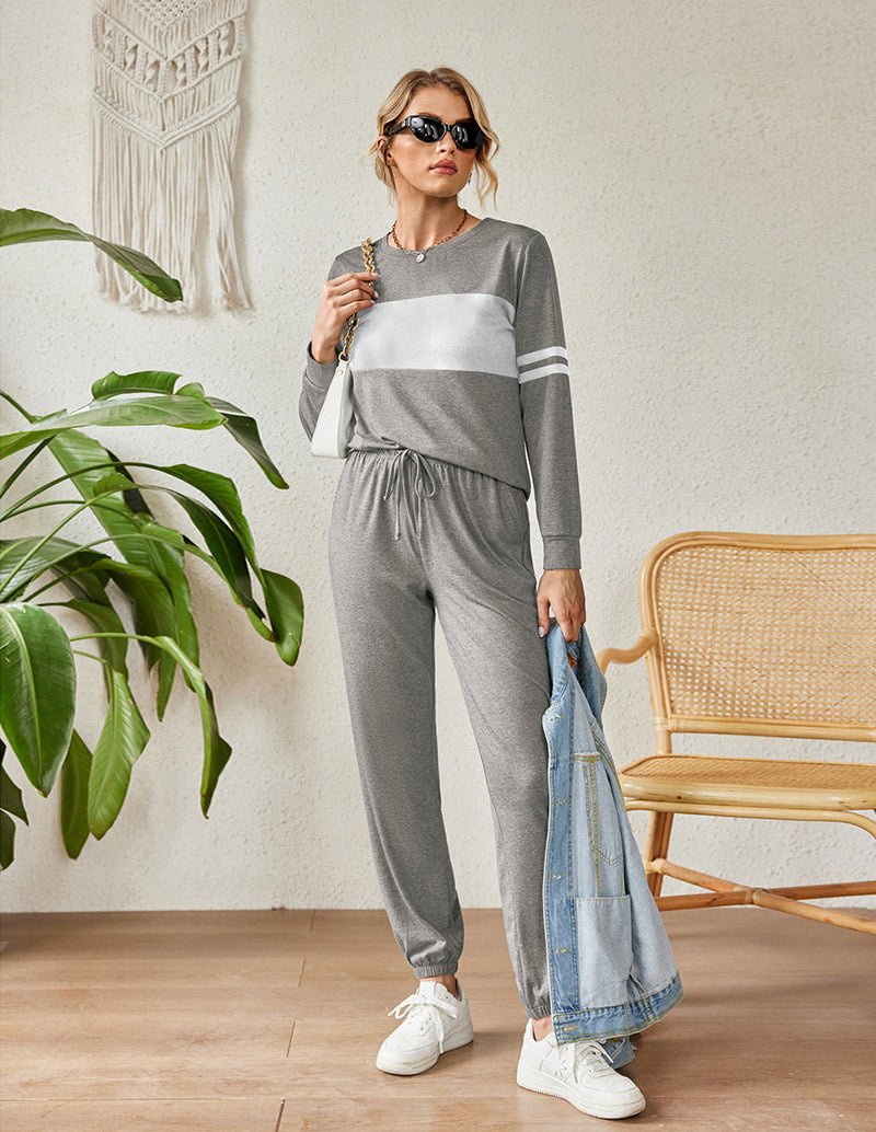 Grey colorblock sweatsuit pajama set with long sleeves and drawstring jogger pants