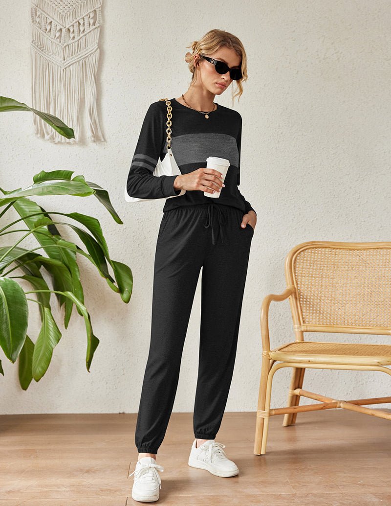 Black colorblock sweatsuit pajama set, long sleeves with drawstring jogger pants