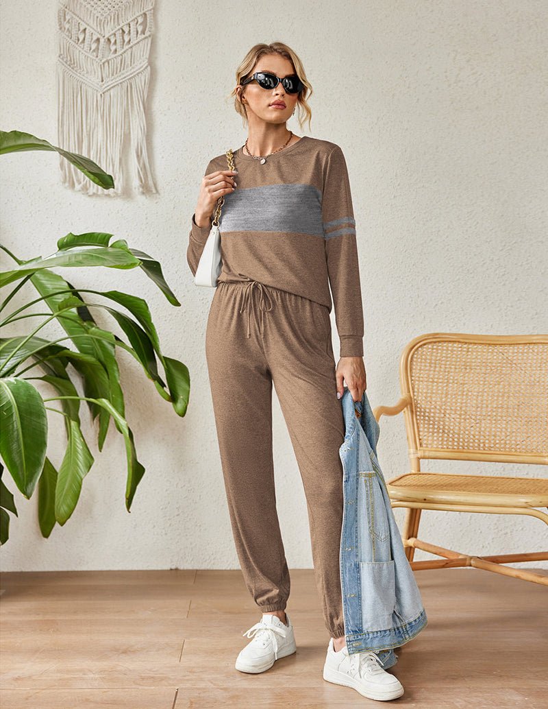 Khaki colorblock sweatsuit pajama set with long sleeves and drawstring jogger pants