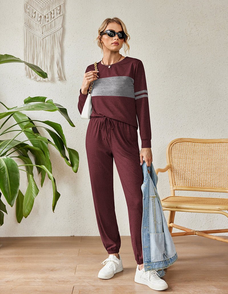 Red colorblock sweatsuit pajama set with long sleeves and drawstring jogger pants