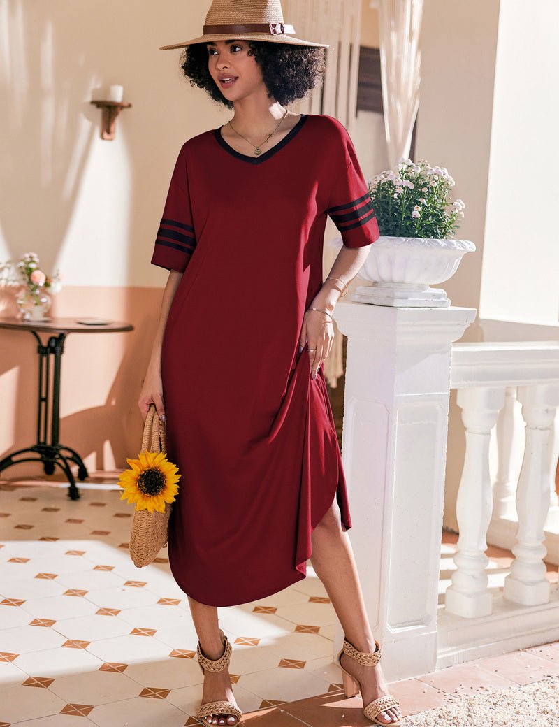 Wine red sleep dress with V-neck and contrast striped sleeves, side slit