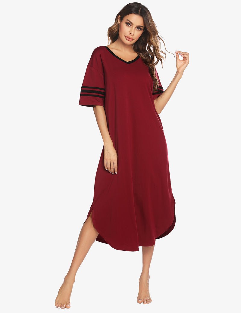 Ekouaer comfort sleep dress in wine red with V-neck and striped short sleeves