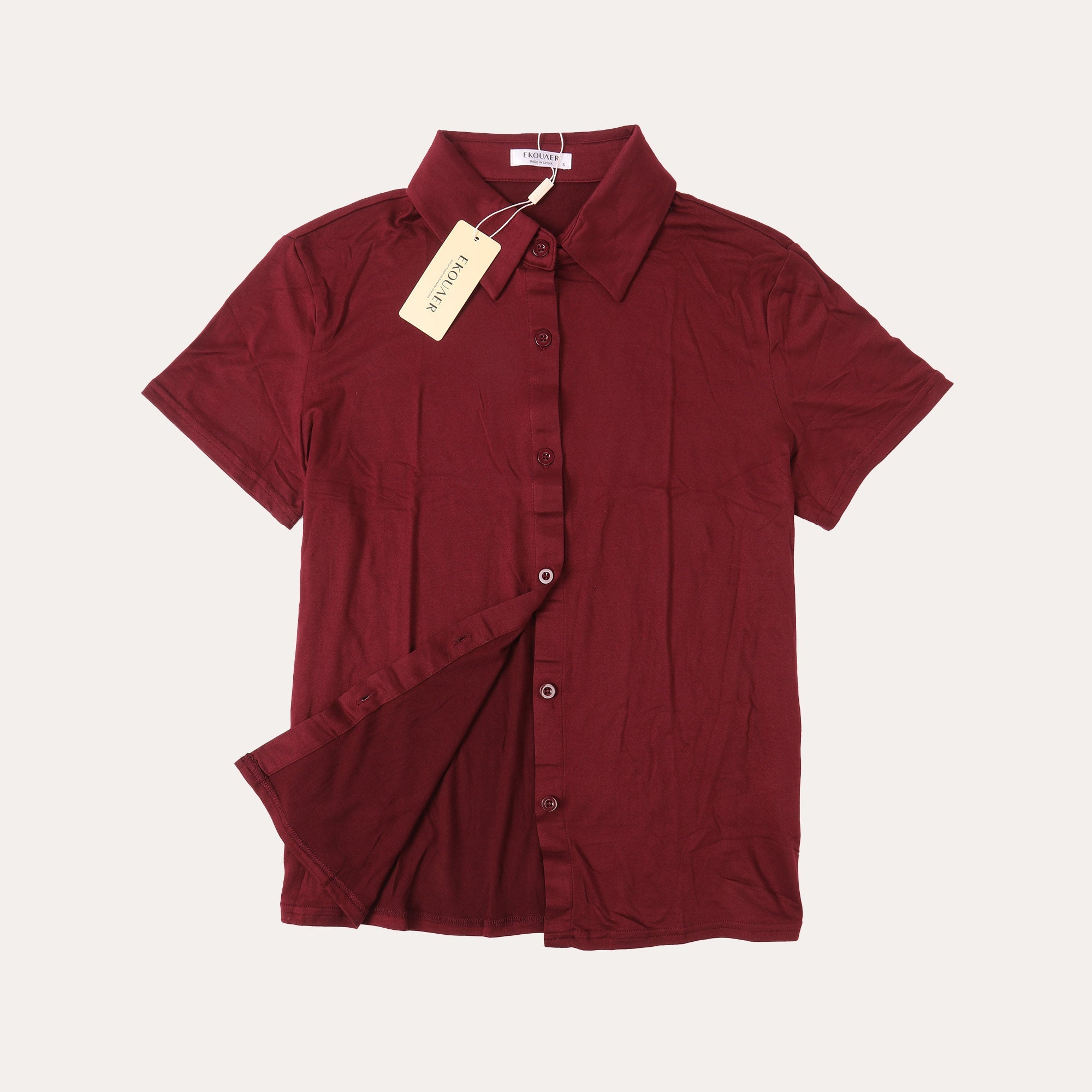 Ekouaer maroon short-sleeve button-front shirt with fold collar, tags, folded drape