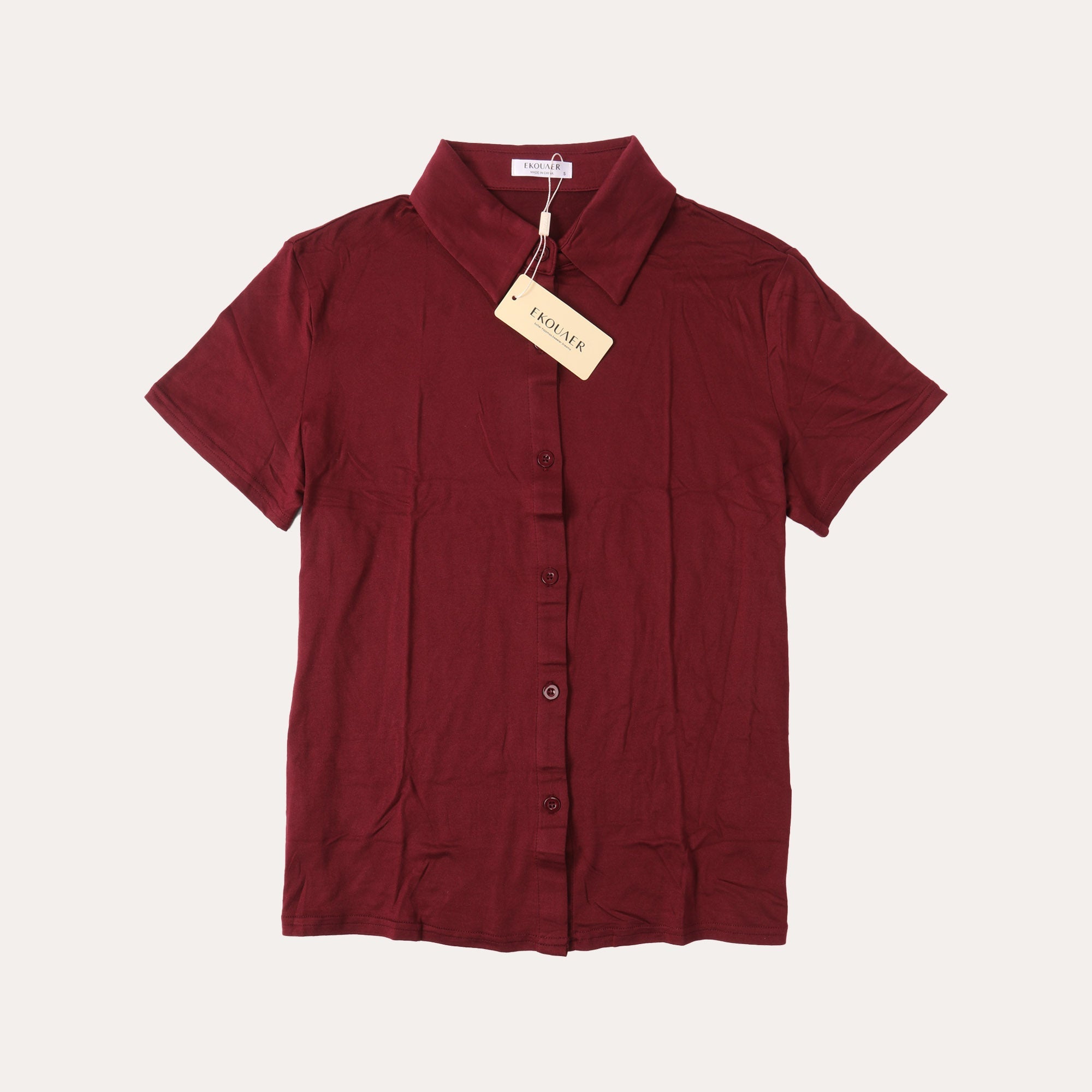 Ekouaer short-sleeve button-front shirt with fold collar, red/maroon, hanging tags