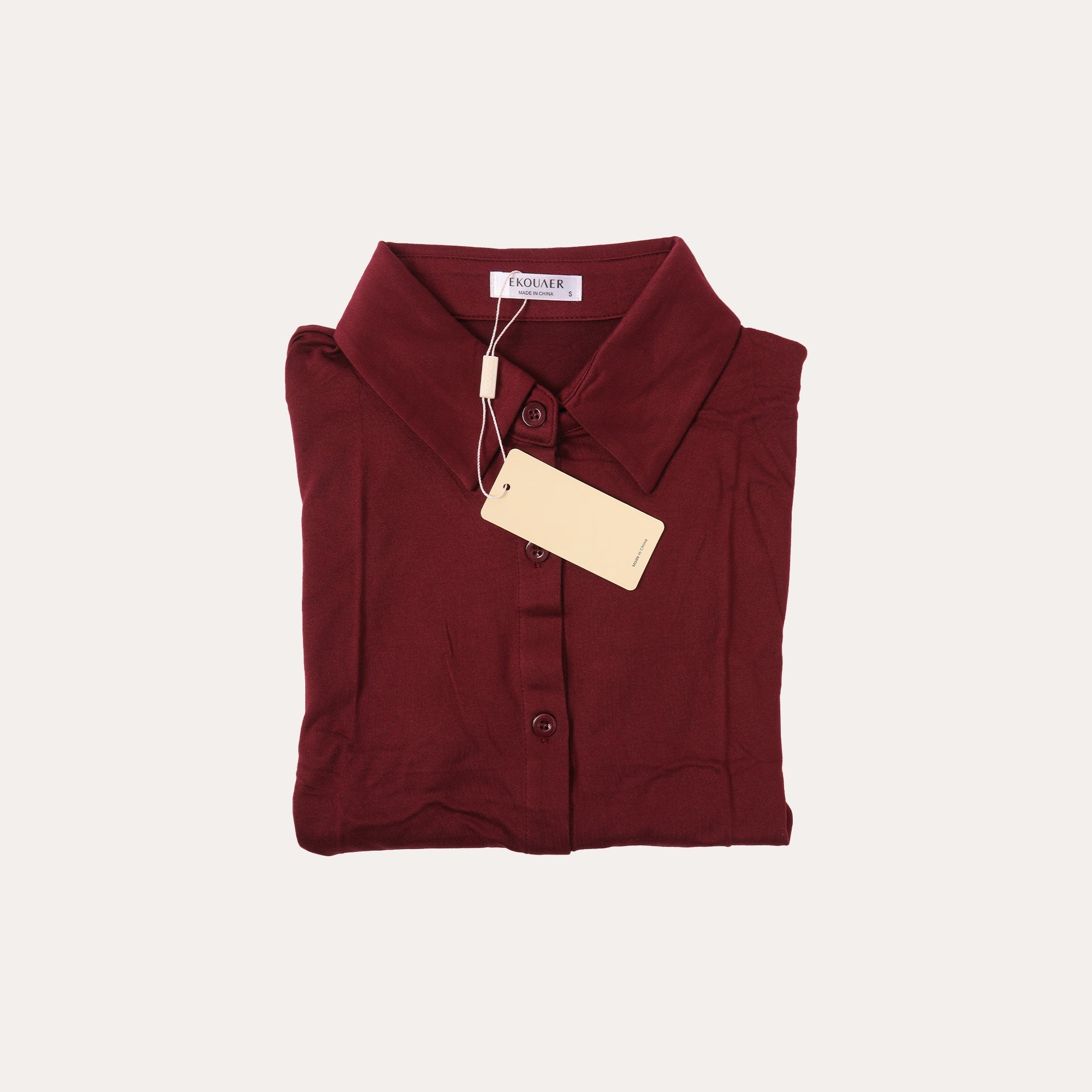 Ekouaer short-sleeve button-front shirt with fold collar, maroon, front view with tags