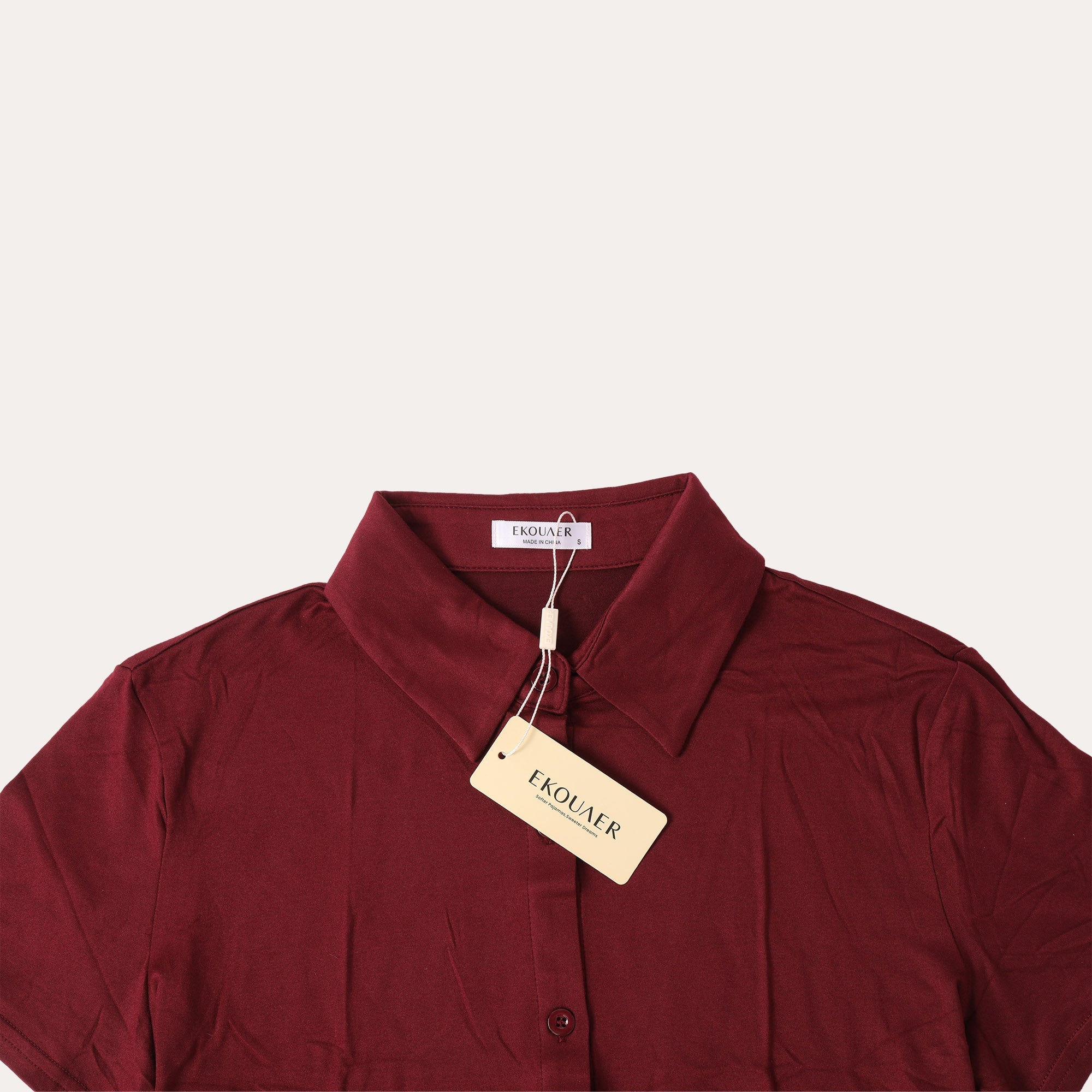 Ekouaer maroon short-sleeve shirt collar and button placket detail, with hanging tags