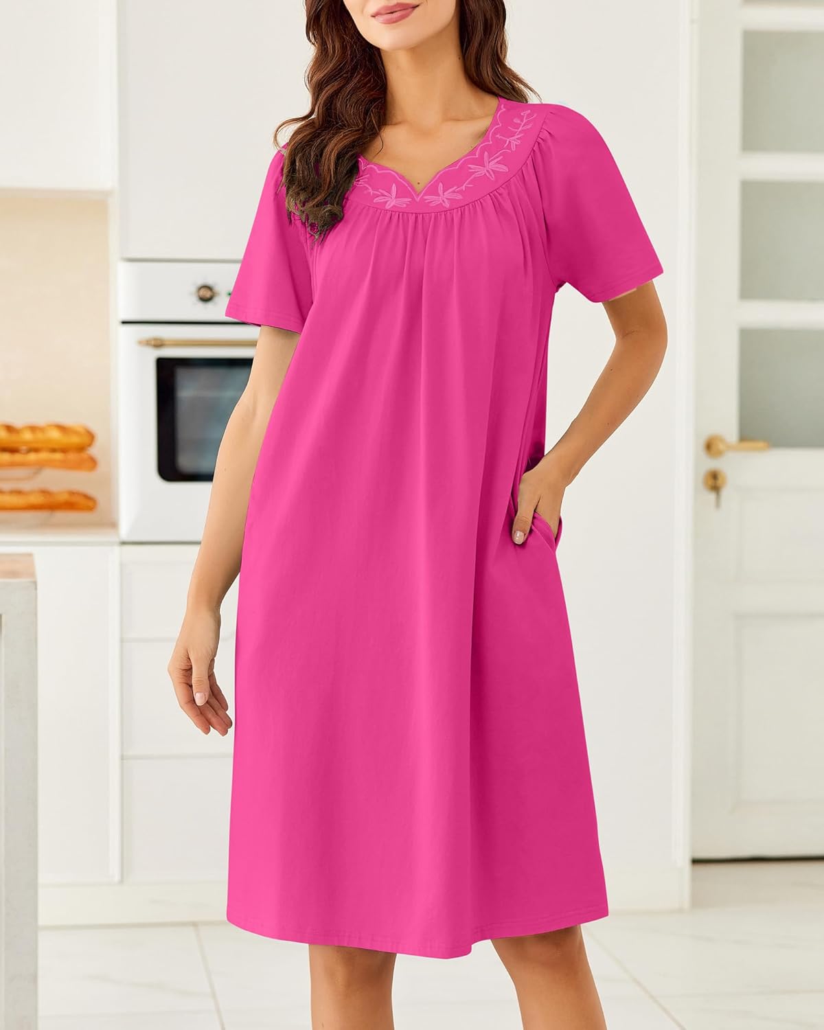 Fuchsia pink cotton nightdress with embroidered neckline and short sleeves