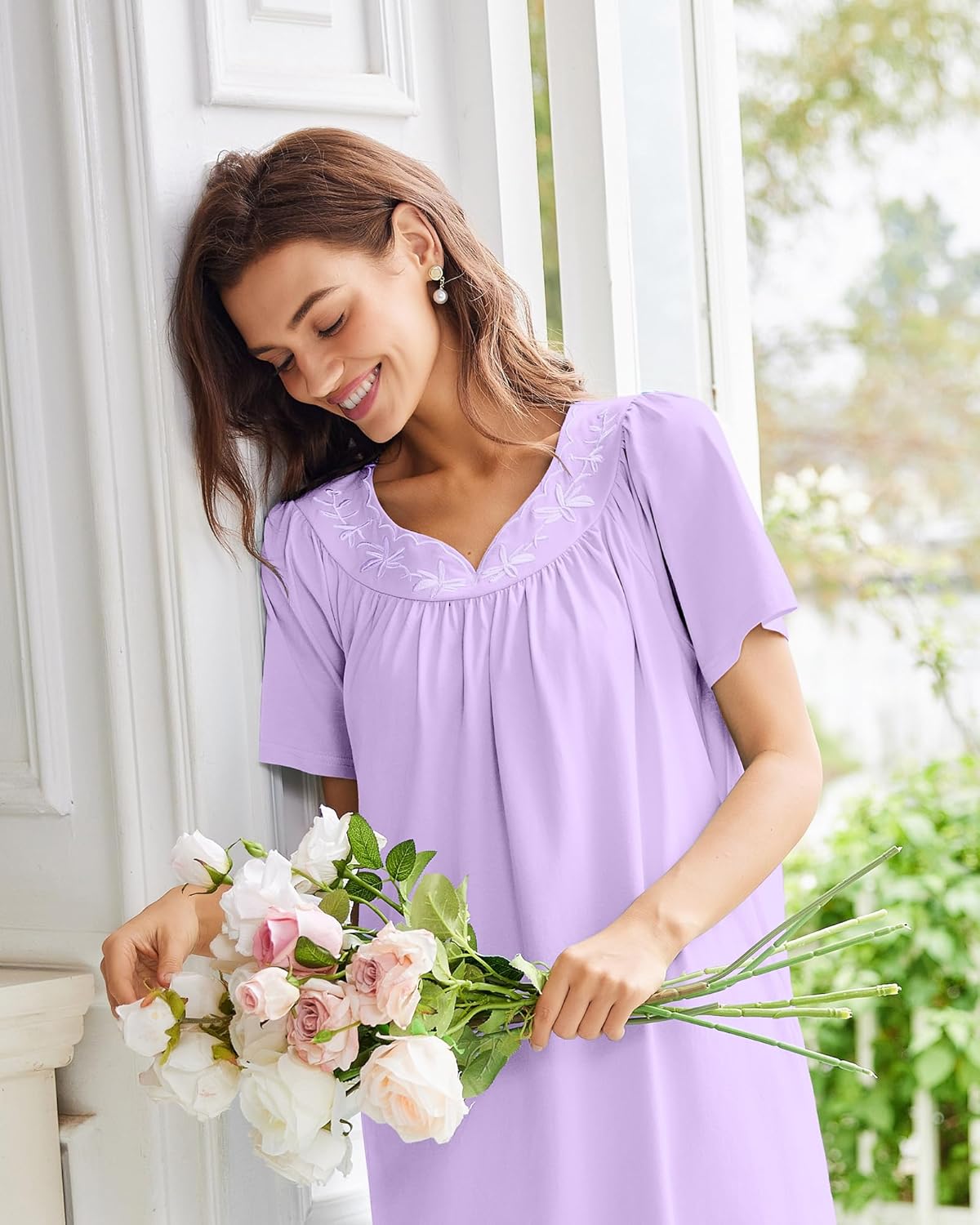 Light purple cotton nightgown with embroidered scoop neckline and gathered bodice