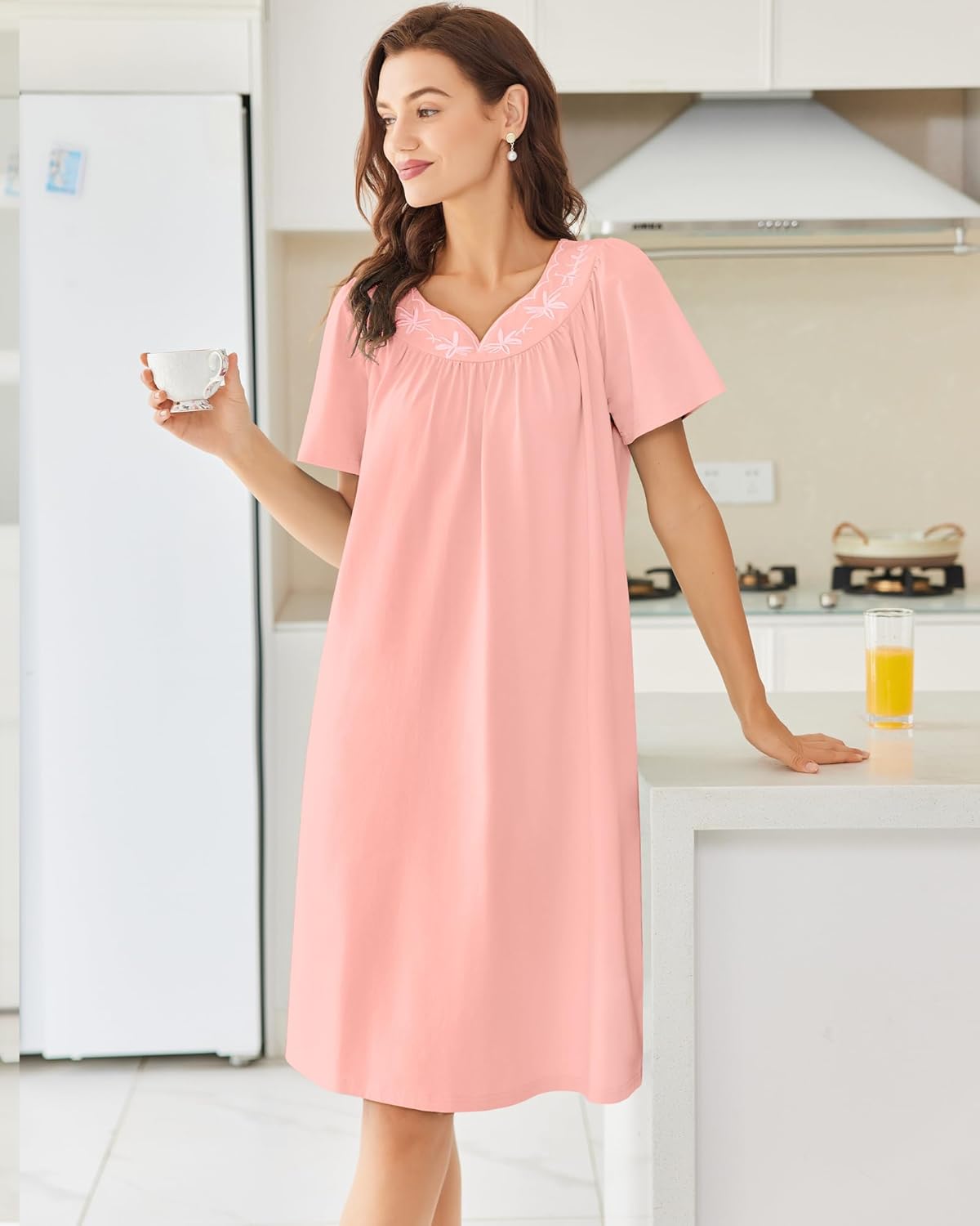 Light pink cotton nightgown with embroidered V-neck and short sleeves