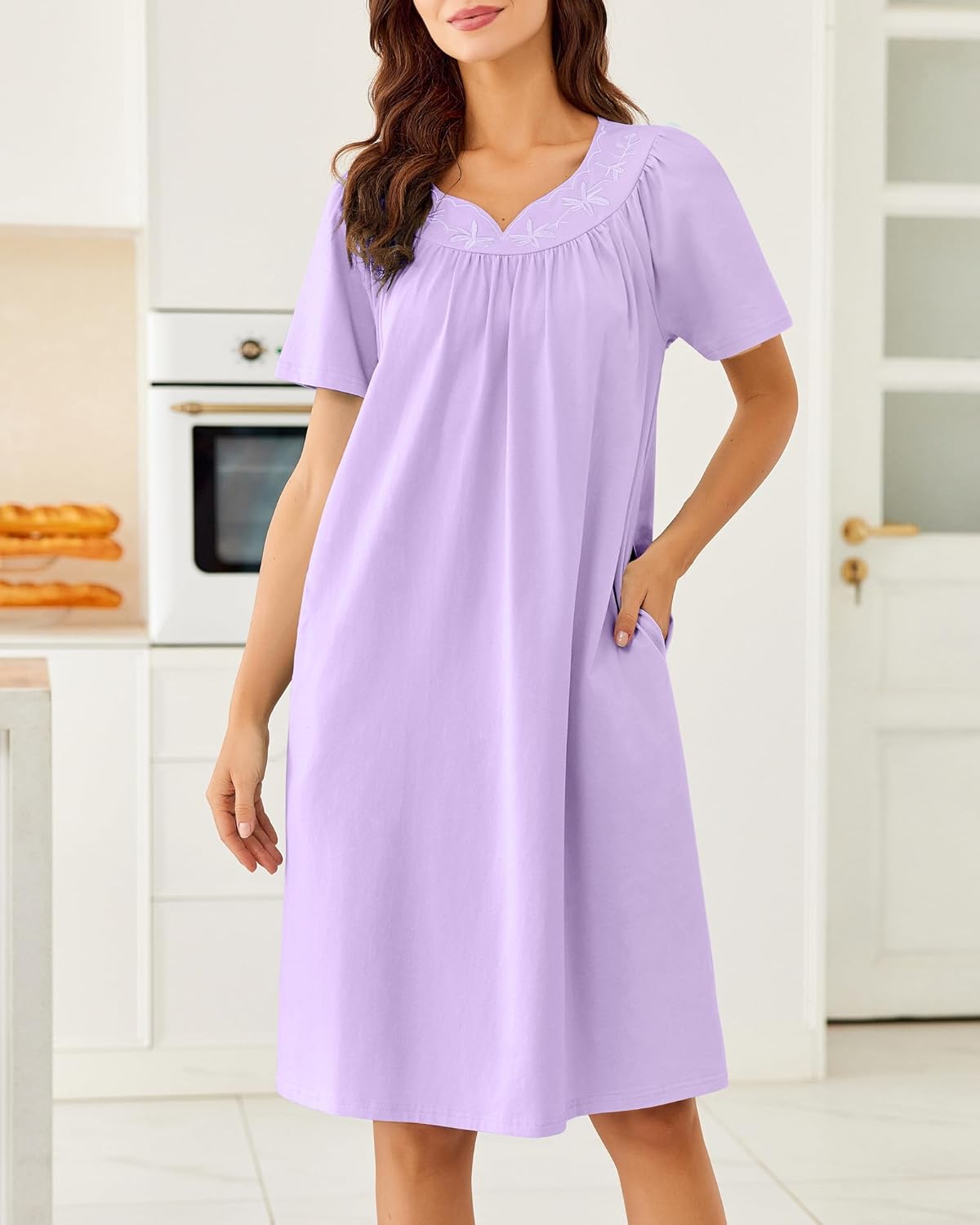 Light purple cotton nightgown, short sleeves with embroidered neckline panel