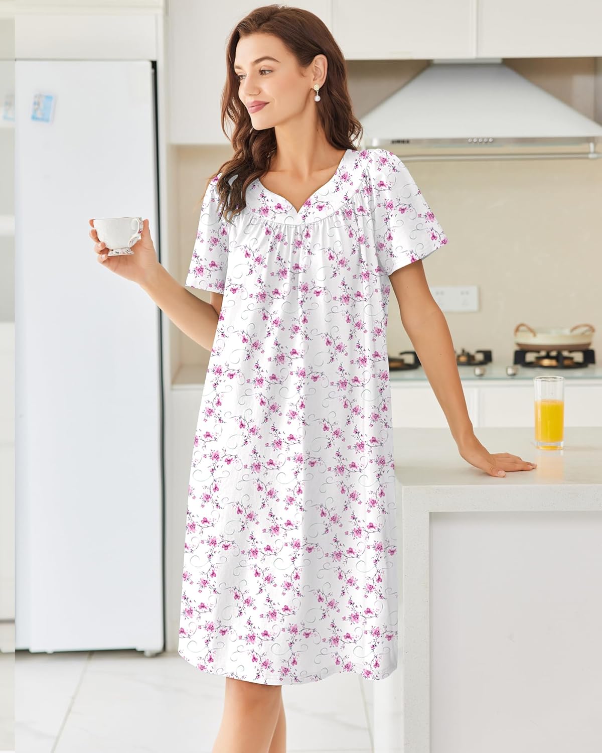 White floral cotton nightdress with embroidered V-neck trim and short sleeves