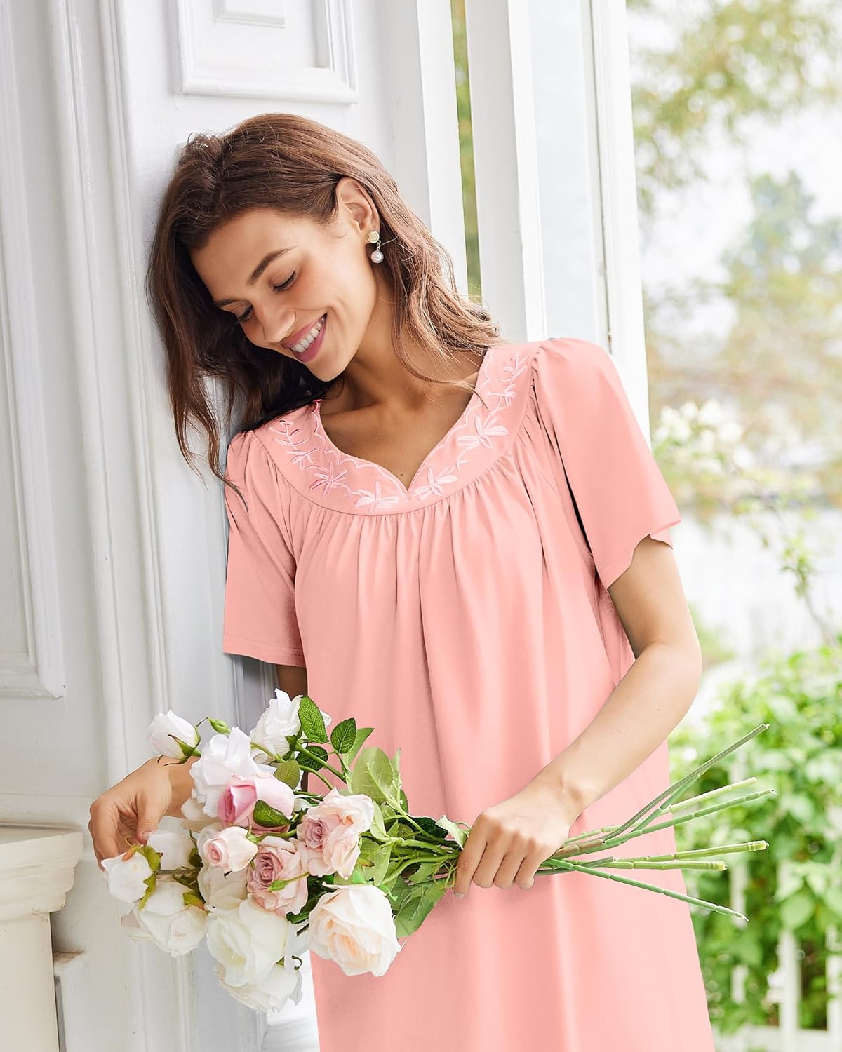 Light pink cotton nightgown with embroidered scoop neckline and short sleeves