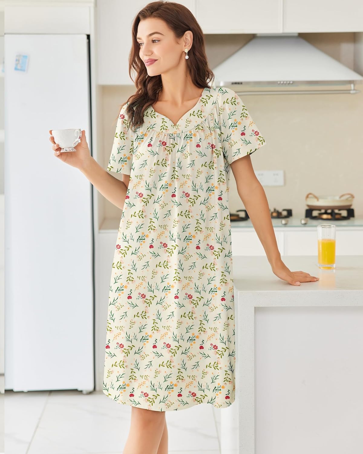 Light floral cotton nightgown, short sleeves and V-neck with embroidered trim