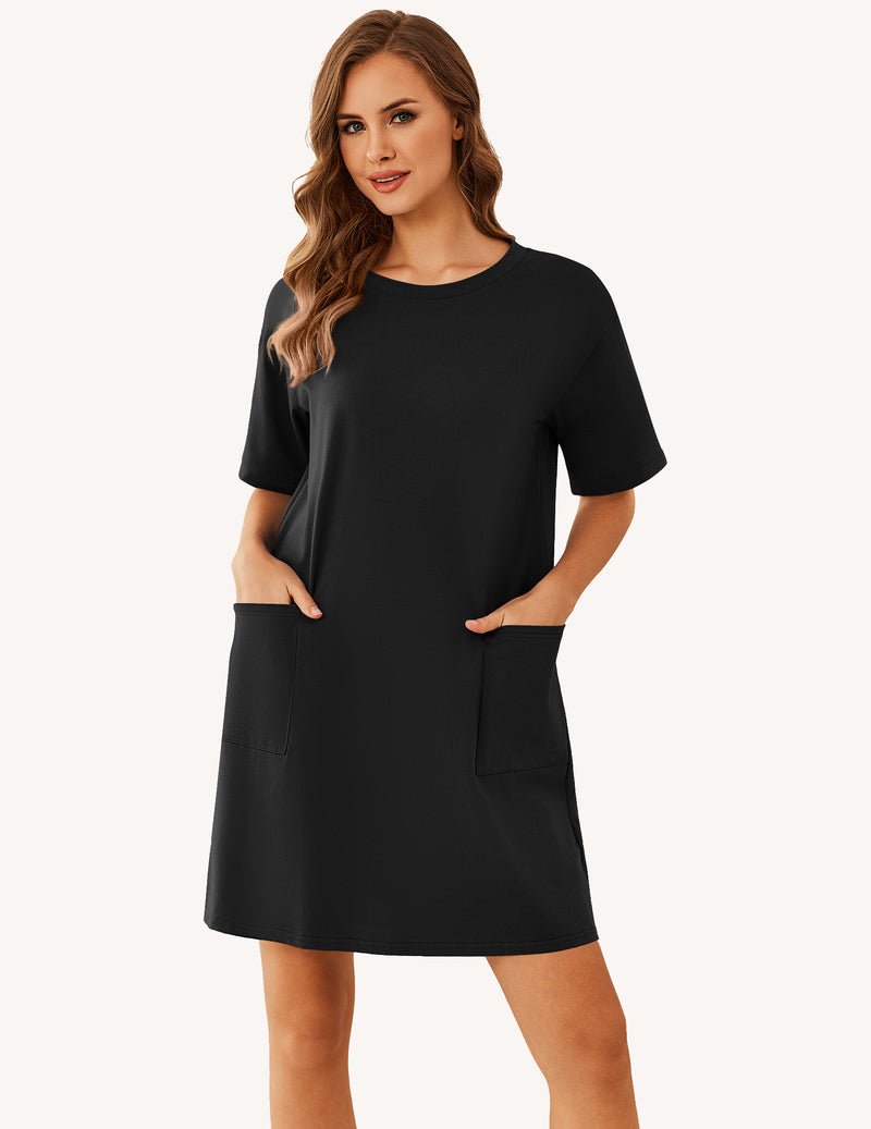 Cotton nightgown sleep shirt, short sleeves, black, front patch pocket