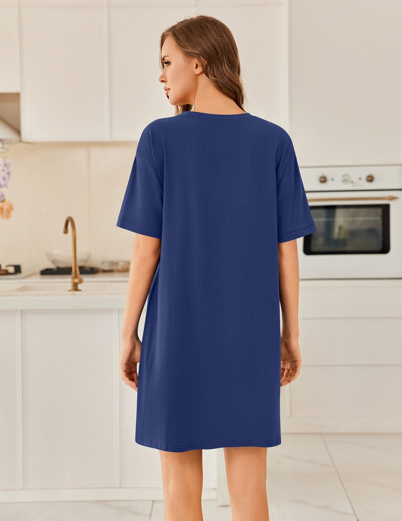 Cotton nightgown sleep shirt, short sleeves, blue, straight relaxed back design