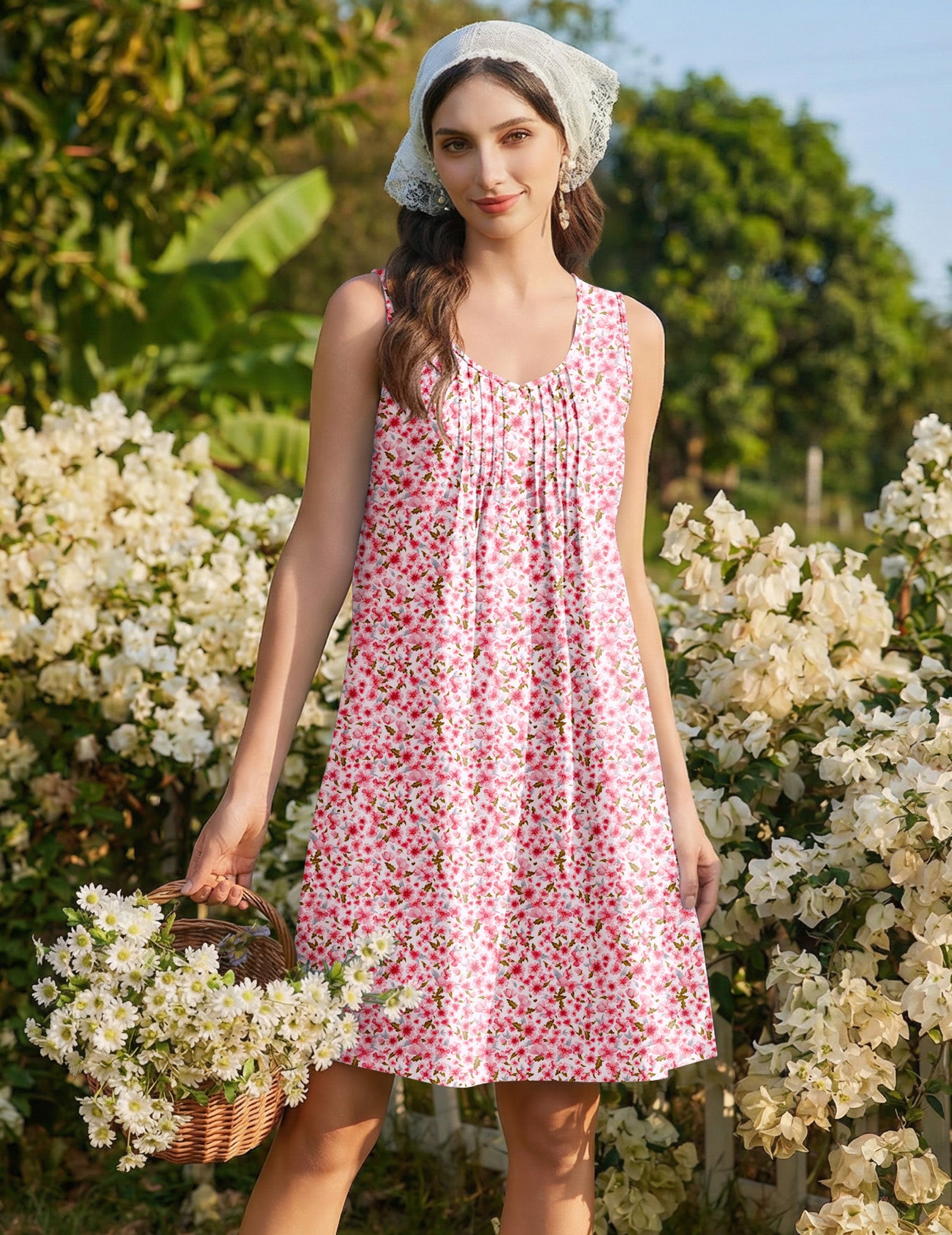 Pink floral cotton nightgown dress, sleeveless V-neck with gathered bodice and skirt