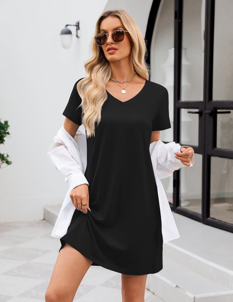 Ekouaer cotton nightgown, black V-neck sleep shirt dress with short sleeves