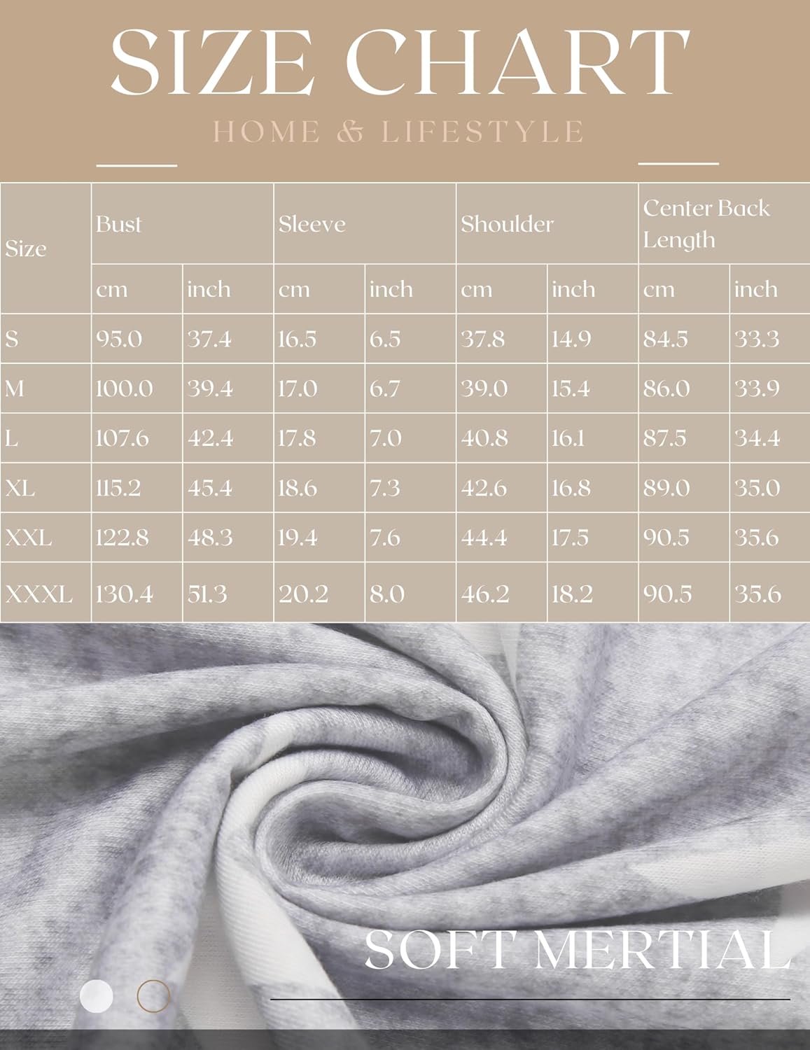 Size chart and soft gray fabric image for cotton nightgown