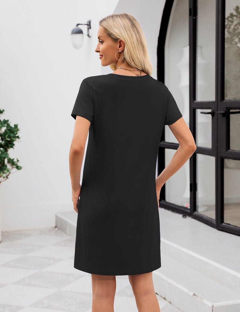 Black cotton V-neck nightgown sleep shirt dress, short sleeves, back view