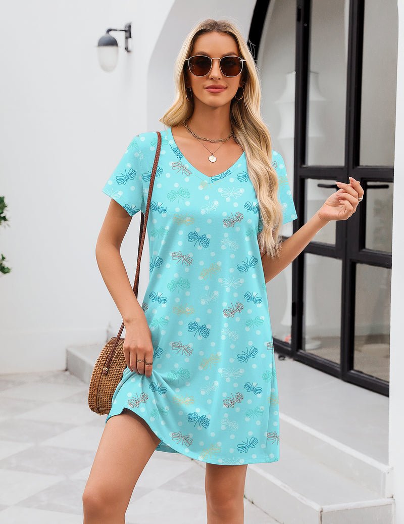 Ekouaer cotton nightgown, V-neck, türkisfarbener Schmetterlingsprint, kurzarm, knielang