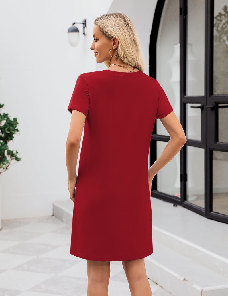 Wine red cotton V-neck nightgown, back view, short sleeves