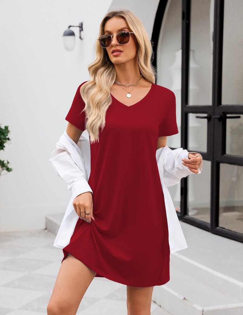 Wine red cotton V-neck nightgown, short sleeves, loose fit