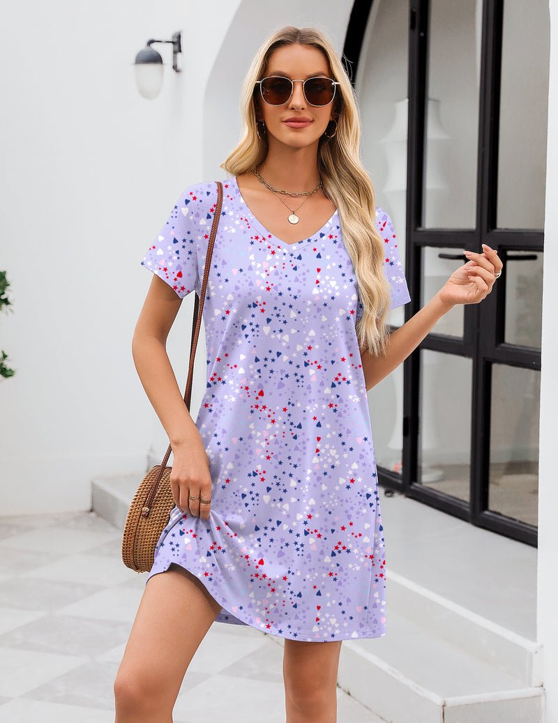 Purple star and heart print cotton V-neck nightgown sleep shirt dress with short sleeves